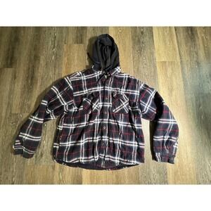 Chaps Denim Hooded Flannel Shirt Jacket Mens XL Navy Red Plaid Padded Lined